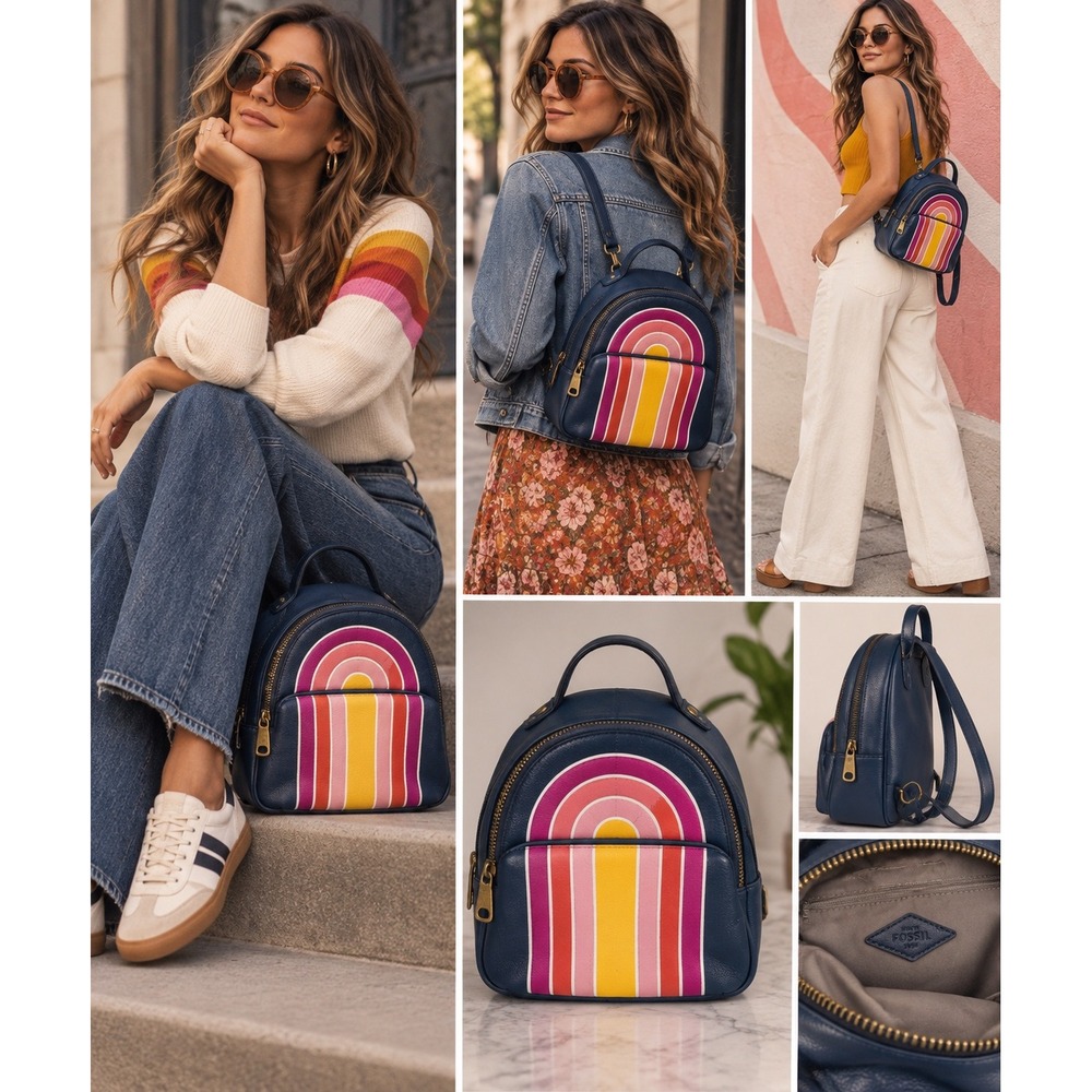 Fossil Felicity Mini Backpack Navy Rainbow Retro 70s Y2K Rucksack SHB2627